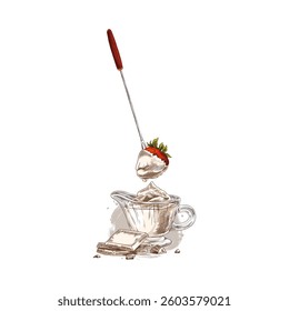 Strawberry with melted white chocolate on the skewer hand drawn vector illustration. Fork stick with berry in dripping cream cheese sketch. Sweet snack, ingredient for fondue. Dessert dish