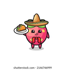 strawberry Mexican chef mascot holding a taco , cute design