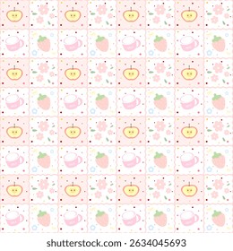 strawberry milk apple, flowers on pink and white  background, fabric pattern, checkered pattern, gift wrapping paper , seamless pattern 