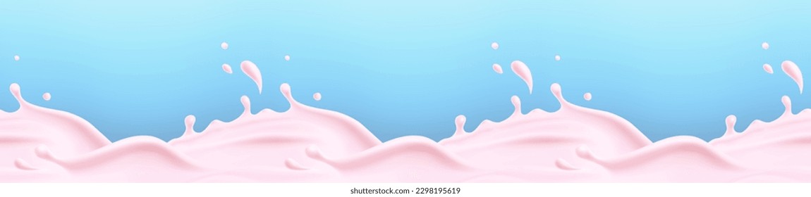 Strawberry milk beverage splash seamless pattern. 3d realistic pink yogurt wave border. Liquid rose body lotion. Vector milky cherry or raspberry yoghurt product package mockup