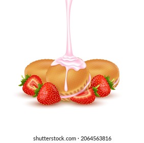Strawberry milk biscuit cookies and cream dessert food appetizer. Strawberry fruit cut in half. Isolated on white background. Realistic 3D vector illustration.