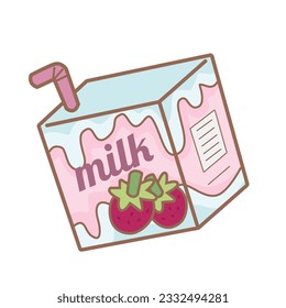 Strawberry Milk Box Drink Cartoon Illustration Vector Clipart Sticker