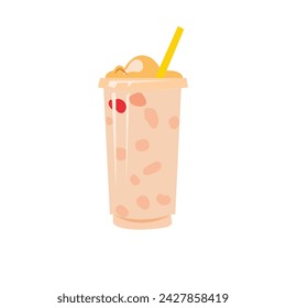 Strawberry milk bubble tea, pink boba tapioca pearls, vector illustration