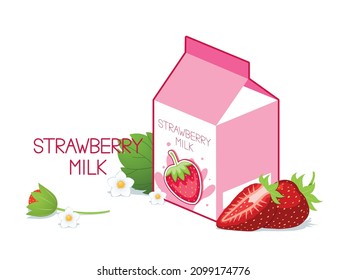 Strawberry milk carton box with Strawberries isolated on white background.