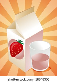 Strawberry milk carton with filled glass illustration