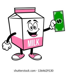 Strawberry Milk Carton Mascot with a Dollar - A cartoon illustration of a Strawberry Milk carton mascot.