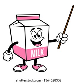 Strawberry Milk Carton Mascot with a Pointer Stick - A cartoon illustration of a Strawberry Milk carton mascot.
