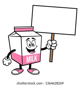 Strawberry Milk Carton Mascot with a Sign - A cartoon illustration of a Strawberry Milk carton mascot.