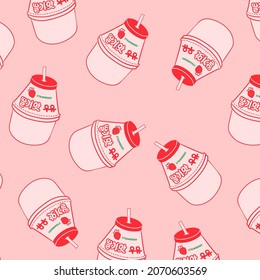 Strawberry Milk Carton Pattern, Seamless Pattern, Vector Illustration. Text on the bottle means 'Strawberry milk'.