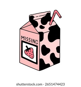 Caixa de leite de morango com palha em estilo Y2k com impressão de vaca. Ilustração de emo de vetor desenhado à mão