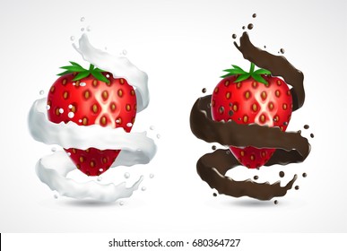 Strawberry with milk and chocolate splash. 3d vector isolated on white background. Realistic illustration