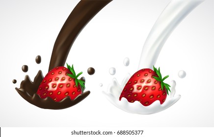 Strawberry with milk and chocolate splash. 3d vector isolated on white background. Realistic illustration