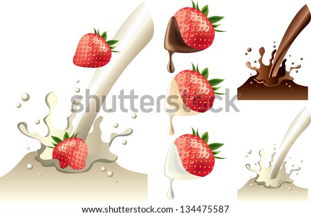 strawberry in milk and chololate splash photo-realistic vector set