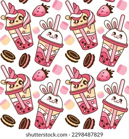 Strawberry milk cocktail, cold sweet drinks. Bubble milk tea. Seamless pattern. Vector.