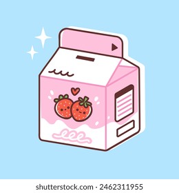 Strawberry milk in a cute carton. Vector illustration of sweet dairy drink for kids in colorful packaging. Tasty milk beverage in trendy flat style.