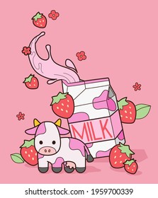 Strawberry milk and cute cow mascot