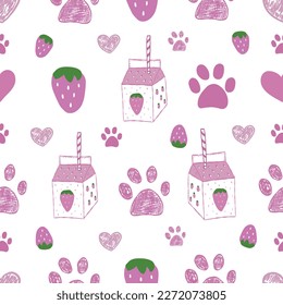 Strawberry milk and cute paw prints. Fabric design seamless pattern
