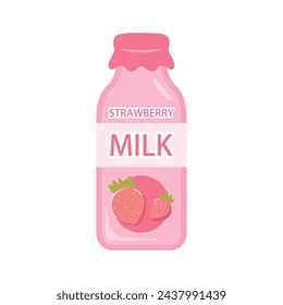 Strawberry milk in glass bottle vector illustration on white background. Strawberry milk is a delicious drink.