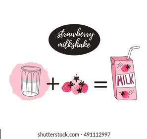 Strawberry milk graphic banner design , vector illustration with stylish box, glass and pink berry. Strawberry recipe.