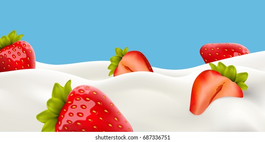 Strawberry in milk High quality vector realistic illustration for yogurt or milk product label and packaging design or advertising needs