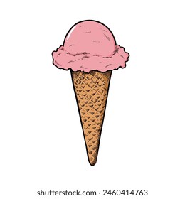 Strawberry milk ice cream cone, Homemade strawberry yogurt ice cream, Pink sherbet ice cream cones hand drawn