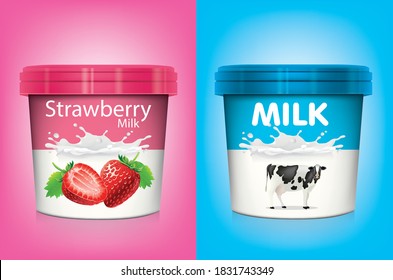 Strawberry Milk ice cream cup.Plastic Bucket : Ice cream or Yogurt Container : Vector Illustration