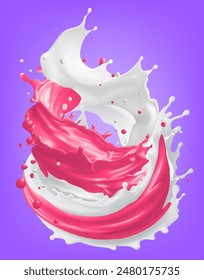 Strawberry milk Isolated and Red juice mixed with fresh milk with swirl splash on background. Sweet ice cream confectionery dessert, Gradient Mesh