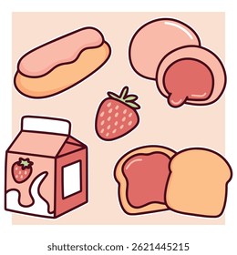 Strawberry milk pack, whole strawberry and two sweet filled breads. Soft textures, red filling and pastel colors