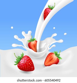 Strawberry and milk, realistic fruit, yogurt splashing vector concept