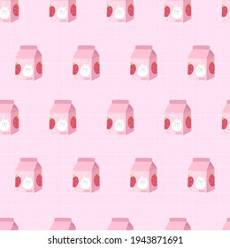 Strawberry milk. Seamless pattern. Cute kawaii milk package. Vector