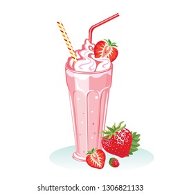 Strawberry milk shake in a glass beaker with straw isolated on white background. Vector illustration of refreshing cocktail with fresh red berries in cartoon flat style.