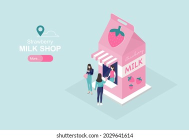 Strawberry milk shop with customers two girl and seller. Present on decoration shop outdoor concept. 3d isometric banner vector illustration.