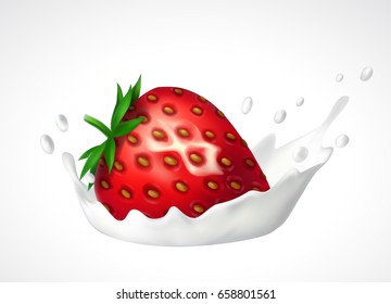 Strawberry and milk splash. 3d vector isolated on white background. Realistic illustration