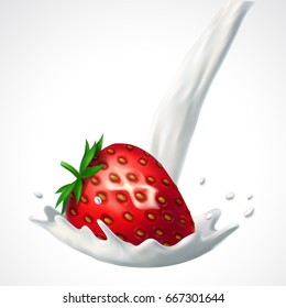 Strawberry and milk splash. 3d vector isolated on white background. Realistic illustration