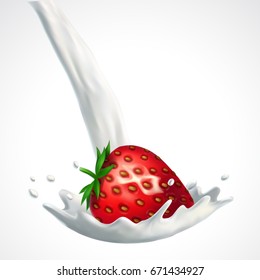 Strawberry and milk splash. 3d vector isolated on white background. Realistic illustration