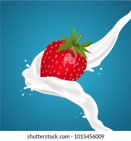 Strawberry and milk splash. Fruit and yogurt. Realistic illustration. Natural dairy products.