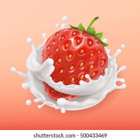 Strawberry and milk splash. Fruit and yogurt. Realistic illustration. 3d vector icon