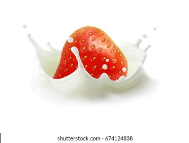 Strawberry and milk splash. Fruit and yogurt. Realistic illustration