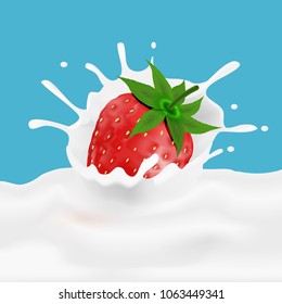 Strawberry and milk splash. Fruit and yogurt.Vector illustration.