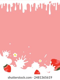 Strawberry milk splash with white splashing liquid. Fresh strawberry milk design.  Strawberry milk on a pink background. Design vector illustration with empty space.