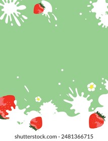 Strawberry milk splash with white splashing liquid. Fresh strawberry milk design.  Strawberry milk on a green background. Design vector illustration with empty space.