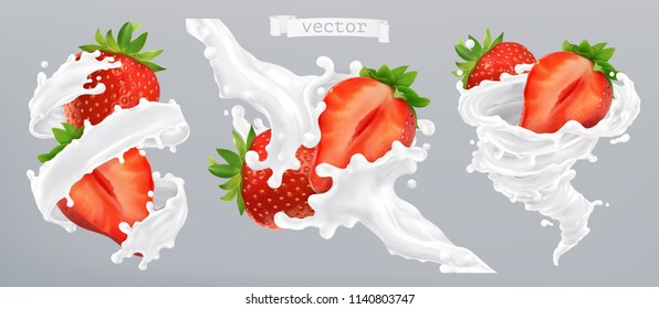 Strawberry and milk splash, yogurt. 3d realistic vector icon