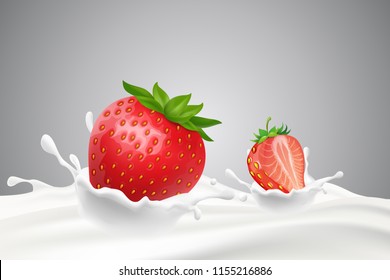 Strawberry with milk splashes vector illustration cocktail shake or yogurt