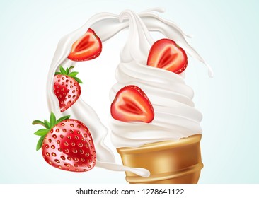 Strawberry and milk splashing isolated on solid color background, Realistic vector 3D illustration. Of free space for your texts and branding.