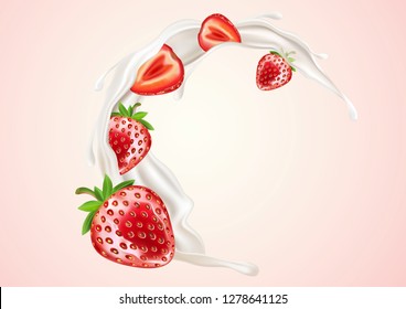 Strawberry and milk splashing isolated on solid color background, Realistic vector 3D illustration. Of free space for your texts and branding.