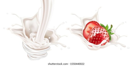 Strawberry and milk splashing in the middle on white background, Vector realistic in 3d illustration. Food concept.