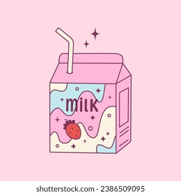 Strawberry milk in square cardboard pack with straw. Cute drawing of girly drink in paper box. Y2k sticker design for card, poster, collage. Vector illustration. svg
