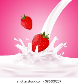 Strawberry Milk, yogurt splashing vector concept