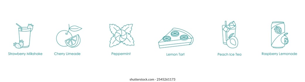 Strawberry Milkshake, Cherry Limeade, Peppermint, Lemon Tart, Peach Ice Tea, Raspberry Lemonade Vape Icon Set Design