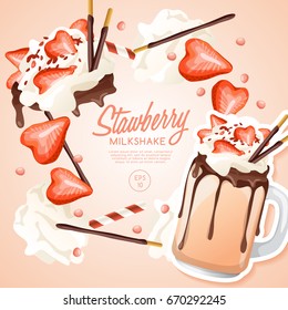 Strawberry Milkshake in Cocktail Jar : Vector Illustration